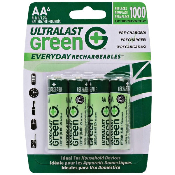 Ultralast ULGED4AA Green Everyday Rechargeables AA NiMH Batteries, 4 pk