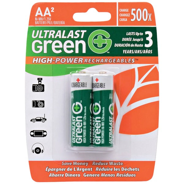 Ultralast ULGHP2AA Green High-Power Rechargeables AA NiMH Batteries, 2 pk