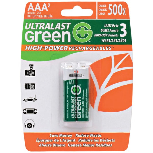 Ultralast ULGHP2AAA Green High-Power Rechargeables AAA NiMH Batteries, 2 pk