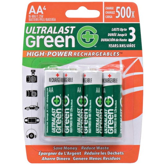 Ultralast ULGHP4AA Green High-Power Rechargeables AA NiMH Batteries, 4 pk