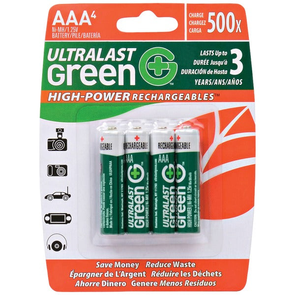 Ultralast ULGHP4AAA Green High-Power Rechargeables AAA NiMH Batteries, 4 pk