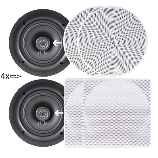 4 Pairs 150W 5.25" In-Wall / In-Ceiling White Speakers w/ Receiver & Vol Ctrl