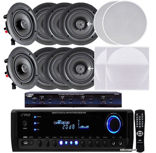 4 Pairs 150W 5.25" In-Wall / In-Ceiling White Speakers w/ Receiver / Vol Ctrl