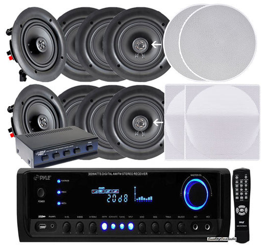 4 Pairs of 150W 5.25" In-Wall / In-Ceiling Stereo White Speakers w/ Receiver