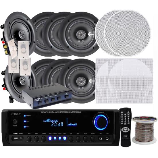 4 Pairs 200W 6.25" Wall / Ceiling White Speakers w/ 300W Receiver 4 Vol Controls