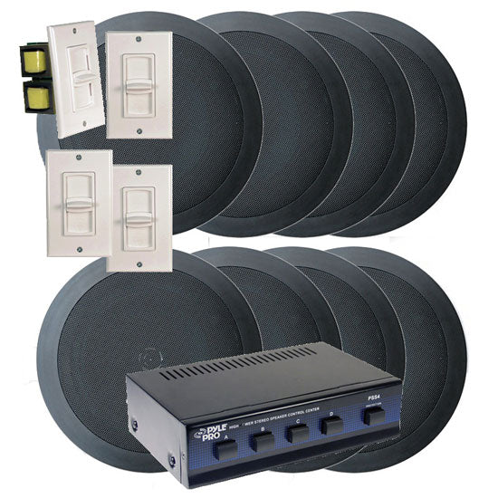 4 Room In-Ceiling Home Speaker System w/4 Volume Controls Knob (Black)