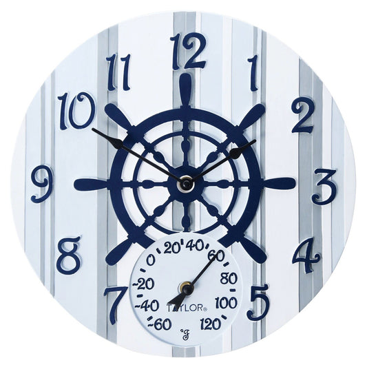Taylor Precision Prod. 92668T 14-Inch Clock with Thermometer (Captain's Wheel)