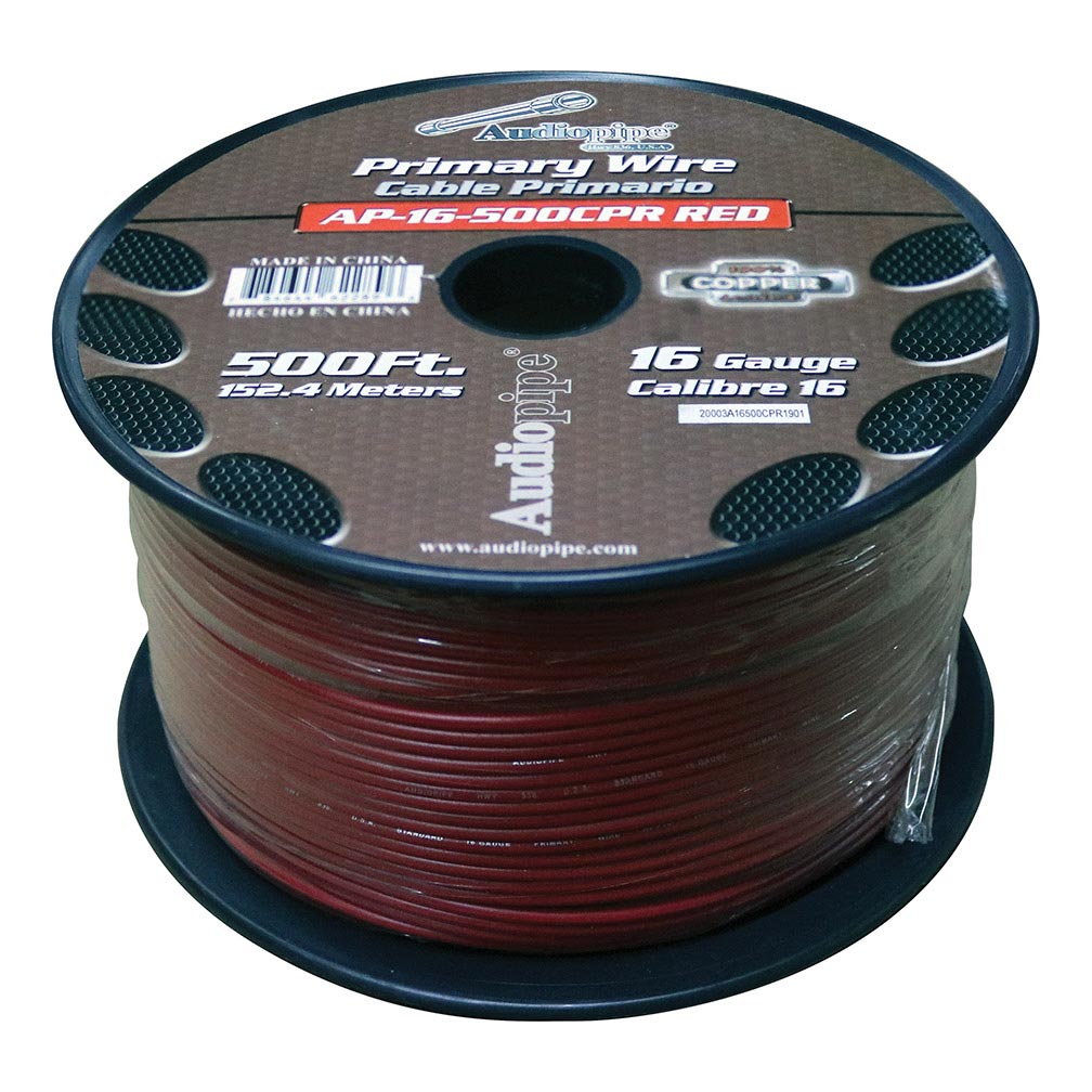 Audiopipe 16 Gauge 100% Copper Series Primary Wire - 500 Foot Roll - RED  Jacket