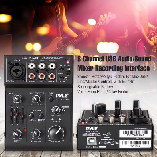 Pyle PAD15MXU 3-Channel USB Audio/Sound Mixer Recording Interface w/Battery