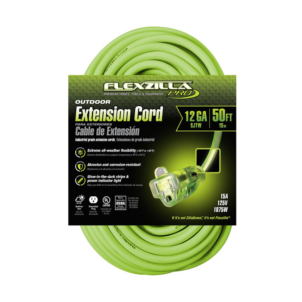 Flexzilla FZ512830 Pro Extension Cord 12/3 Awg Sjtw 50Ft Outdoor Lighted Plug