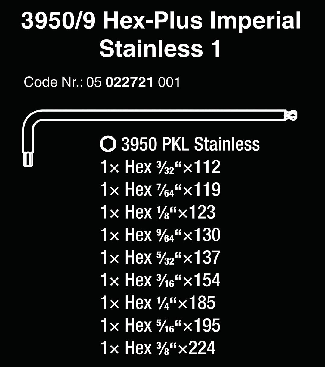 Wera 05022721001 SAE (Imperial) Stainless Steel L-Key Set (9 Piece Set)