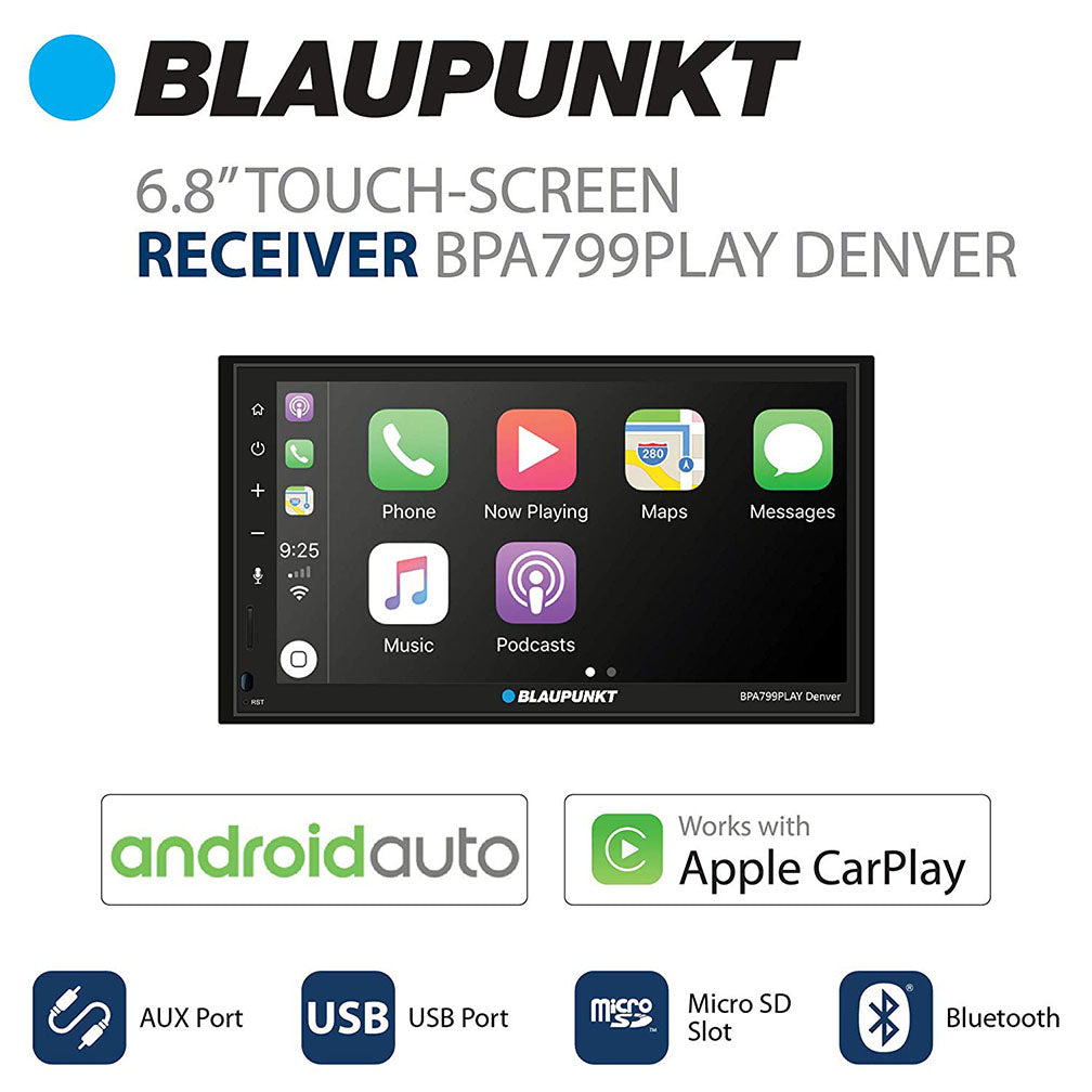Blaupunkt Denver 6.8" Double-Din Mechless Receiver Compatible with Android Auto and Apple Carplay