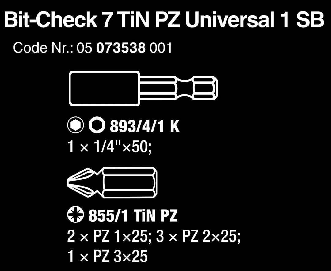 Wera 05073538001 Bit Check 7 Pozidriv Bit Set w/Titanium Nitride Coating (7pc)
