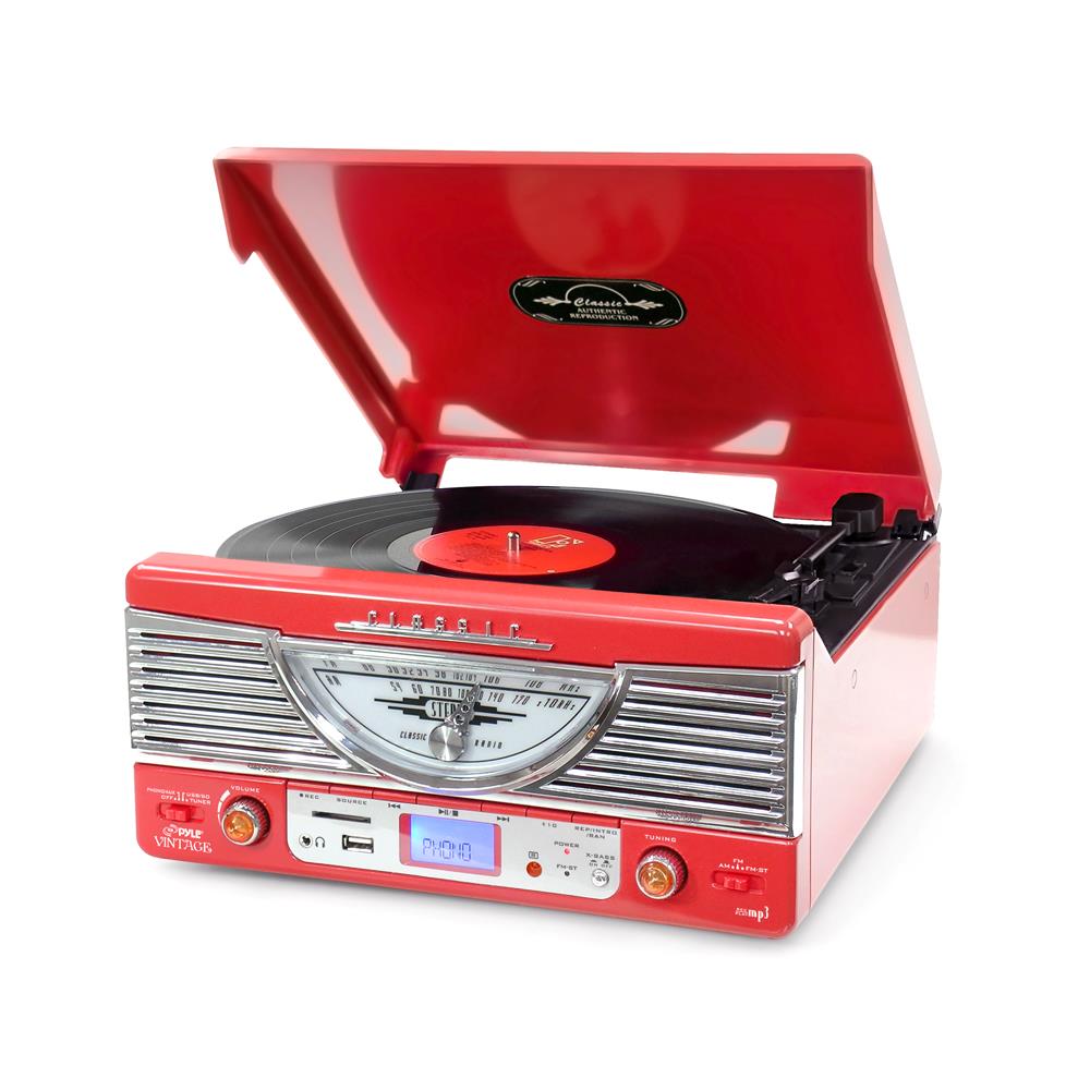 Pyle PTR8UR Retro Vintage Classic Style Turntable Record Player w/ USB/MP3 Computer Recording (Red)