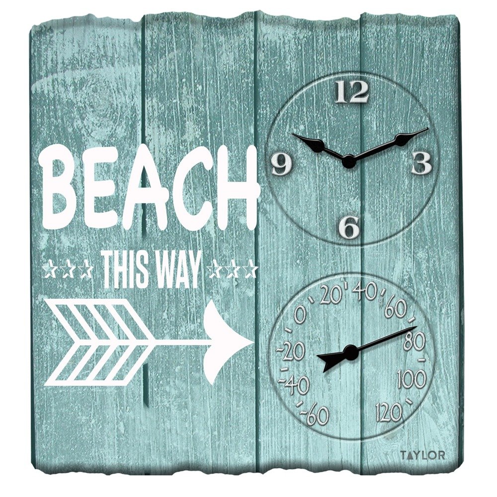 Taylor Precision Prod. 92685T 14" x 14" Beach This Way Clock w/Thermometer