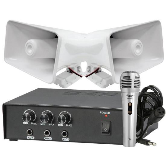 Pyle KTPMSA20HM 50 Watt PA Power Amplifier w/ 65W 8'' Indoor / Outdoor Speaker pair & Handheld Microphone