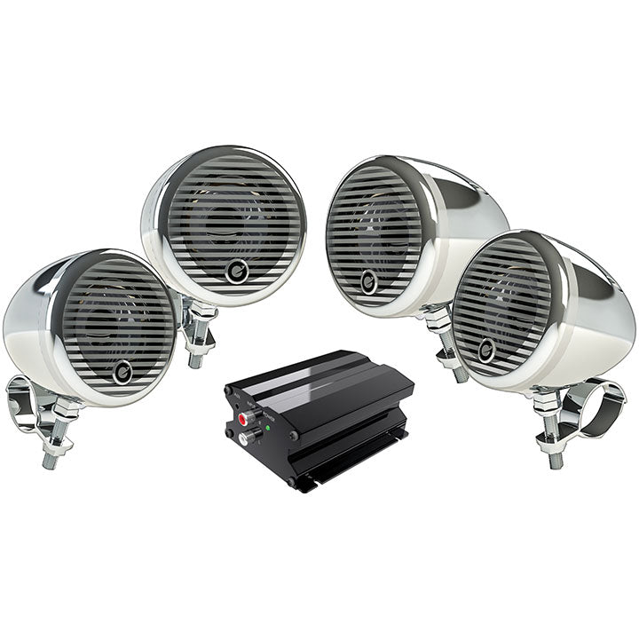 Planet Audio PMC4C Motorcycle/ATV System w/ BT 2 pairs 3" Chrome Speakers Amp