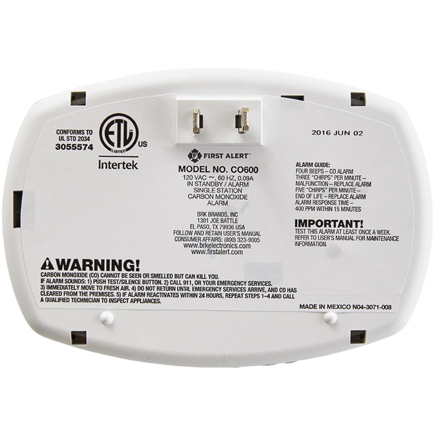First Alert 1039734 CO605 Plug-in Carbon Monoxide Alarm with Battery Backup