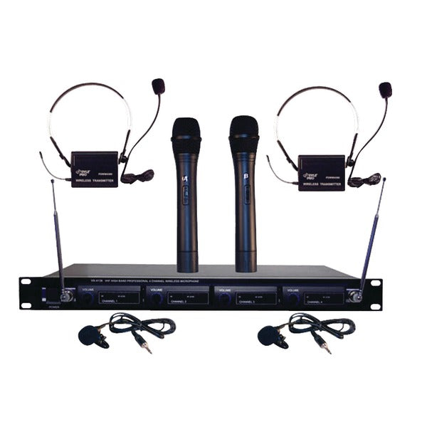 Pyle PDWM4300 VHF Wireless Rack Mount Microphone System with (2) Handheld Mics (2) Belt Pack Transmitters (2) Lavalier & (2) Headset Mics
