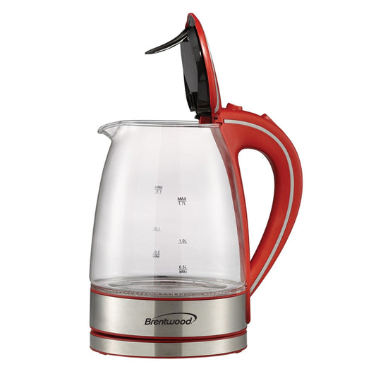 Brentwood Appl. KT-1900R 1.7L Cordless Tempered-Glass Electric Kettle (Red)