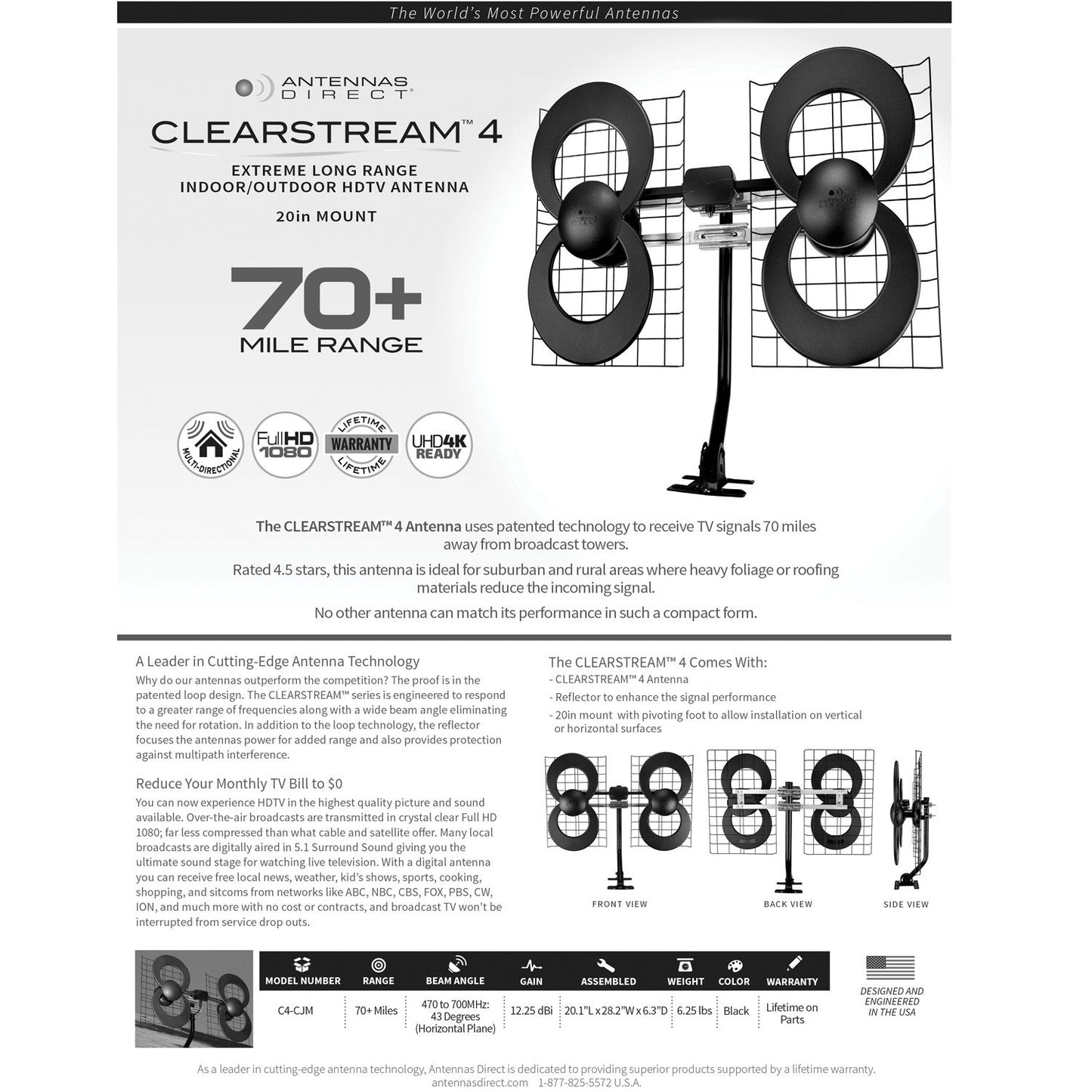 Antennas Direct C4CJM 4 Quad-Loop UHF Outdoor Antenna with 20" Mount